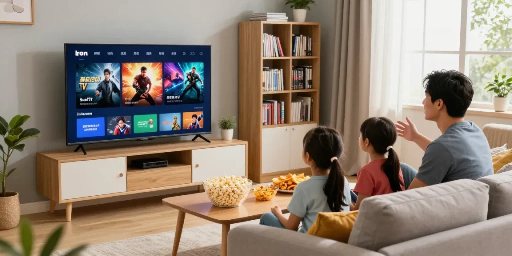 Famille profitant d'IRON TV dans un salon moderne, regardant un film ensemble.