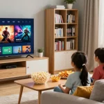 Famille profitant d'IRON TV dans un salon moderne, regardant un film ensemble.