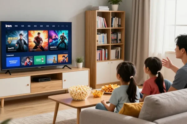 Famille profitant d'IRON TV dans un salon moderne, regardant un film ensemble.