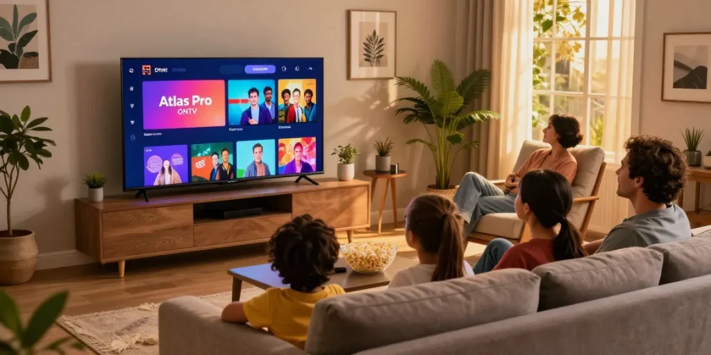 Un moment familial regardant des chaînes avec Atlas Pro sur Smart TV, ambiance chaleureuse et conviviale.