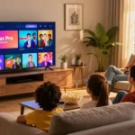 Un moment familial regardant des chaînes avec Atlas Pro sur Smart TV, ambiance chaleureuse et conviviale.