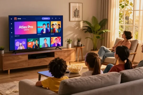 Un moment familial regardant des chaînes avec Atlas Pro sur Smart TV, ambiance chaleureuse et conviviale.